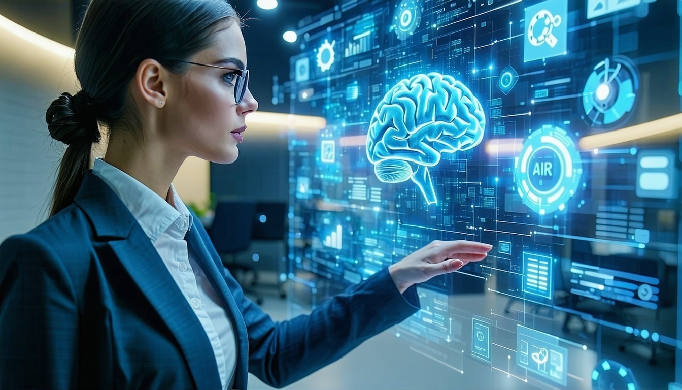 Donna in ufficio con interfacce digitali 