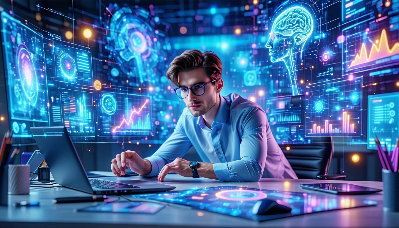 Uomo seduto alla scrivania con interfacce digitali