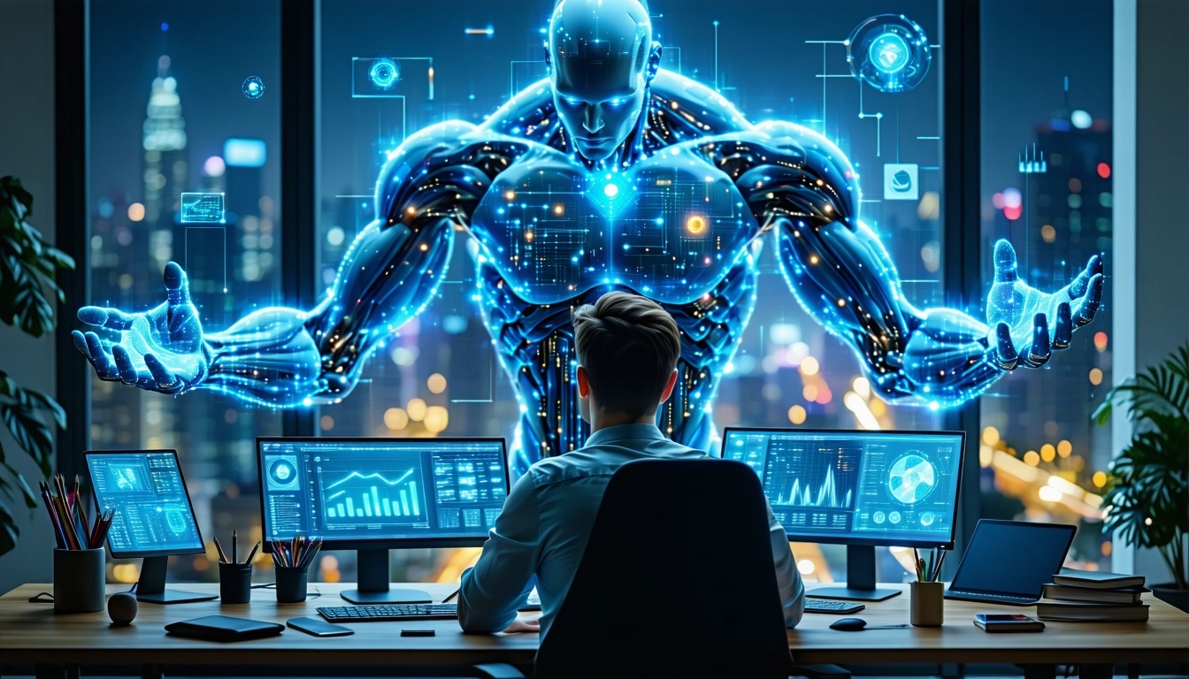 Uomo seduto alla scrivania, di fronte a un grande uomo digitale.