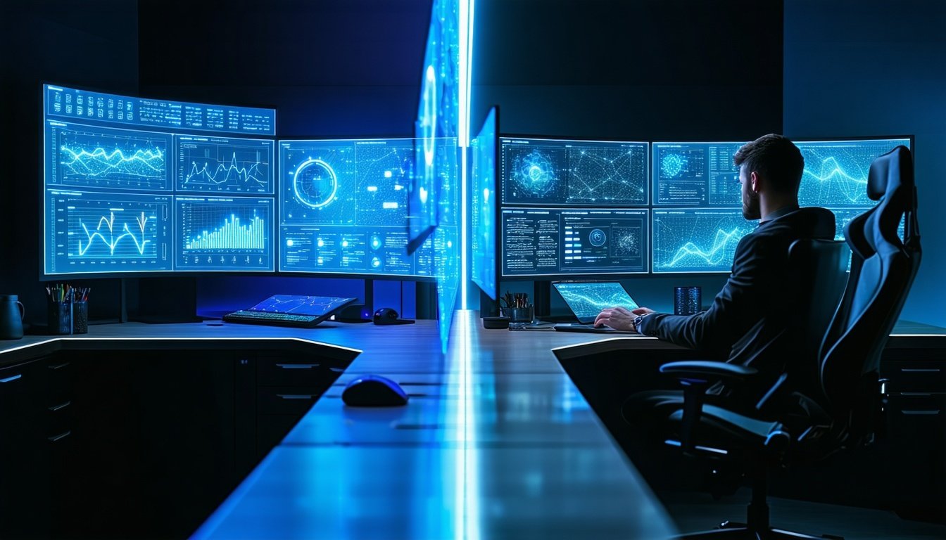 Analista davanti a dashboard digitali in ambiente hi-tech
