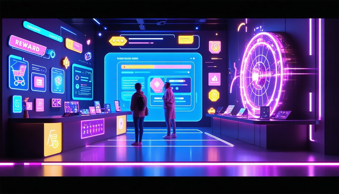 Persone in una stanza digitale con schermo interattivo e ruota dei premi.