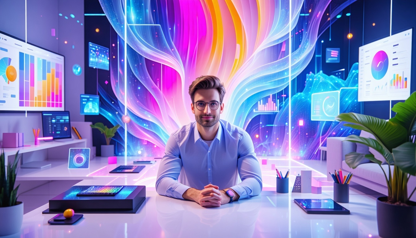 Uomo alla scrivania con colori e interfacce digitali