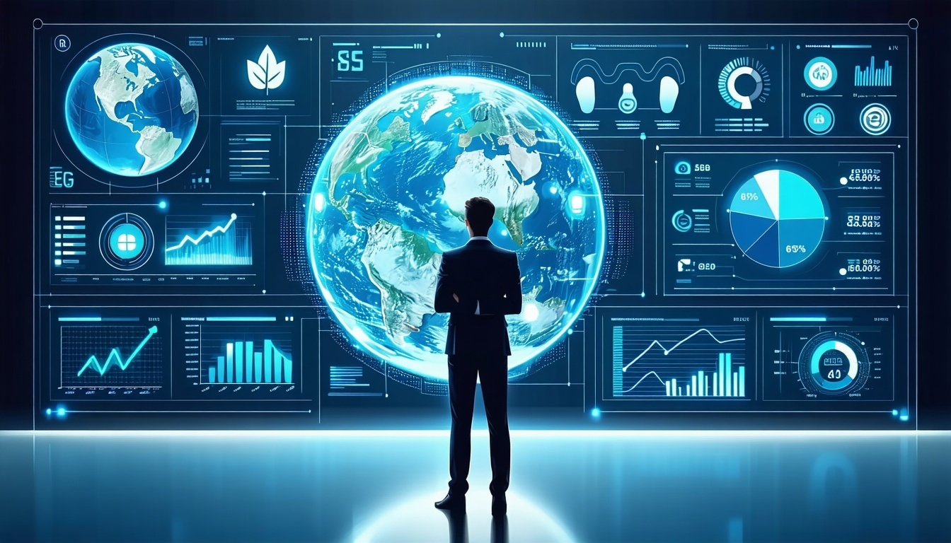 Uomo davanti a un grande schermo con la Terra e grafici di dati ambientali.