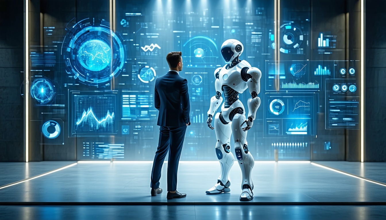Uomo con AI in stanza con interfacce digitali