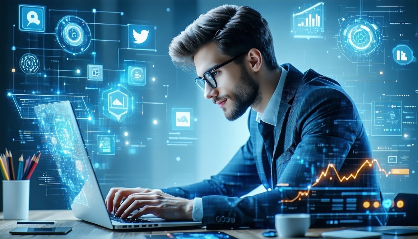 Ragazzo al computer con icone digitali e grafici intorno