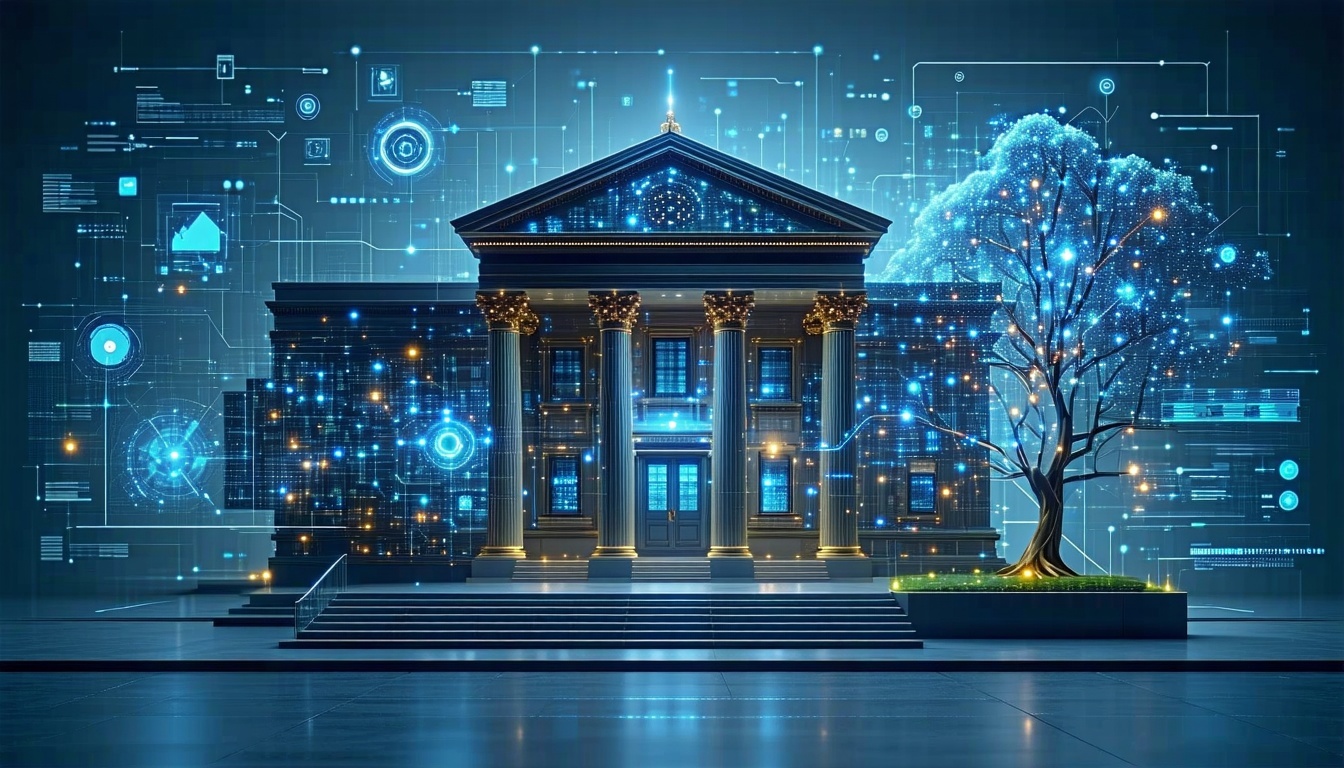 Banca con luci digitali e albero tecnologico.