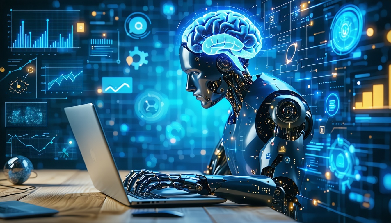 Un robot che lavora al computer con grafici e icone digitali intorno.