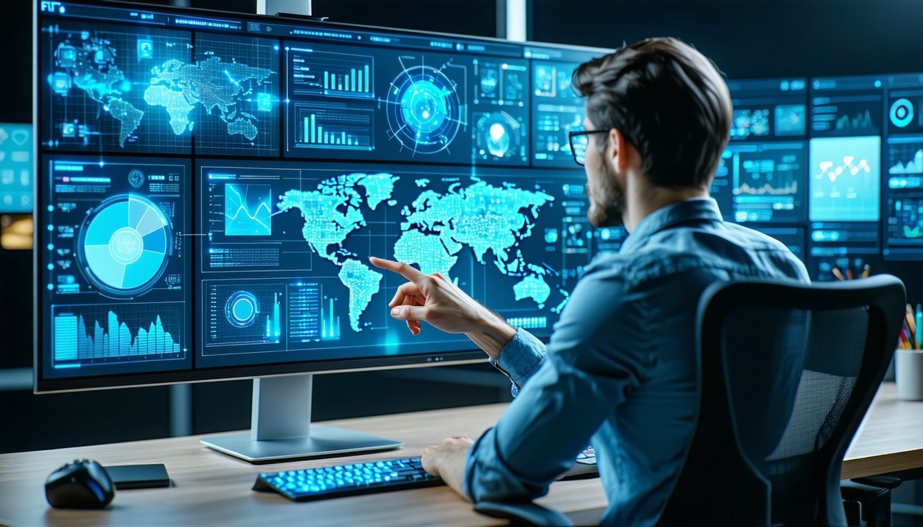 Uomo che analizza dati globali su schermi digitali.