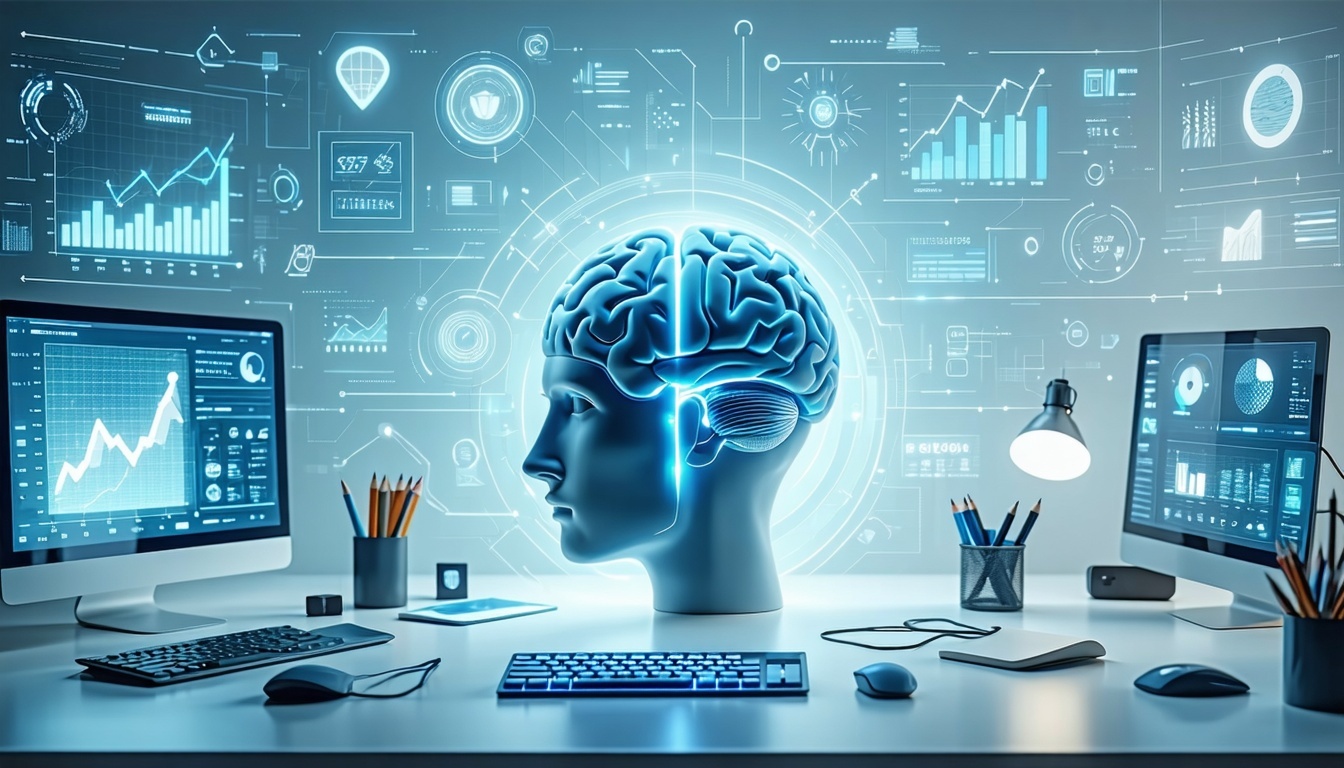 Cervello digitale tra due monitor con grafici su una scrivania futuristica.