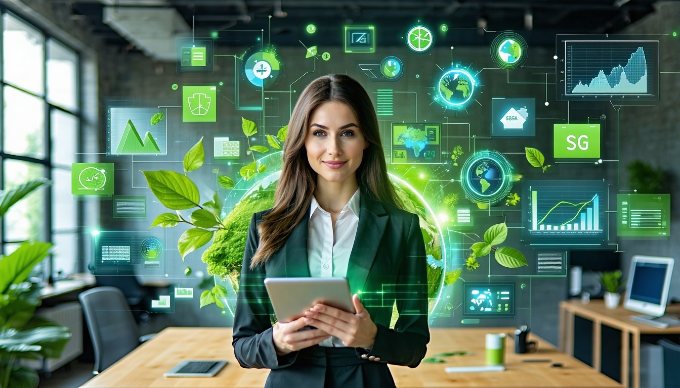 Ragazza in ufficio con interfacce digitali