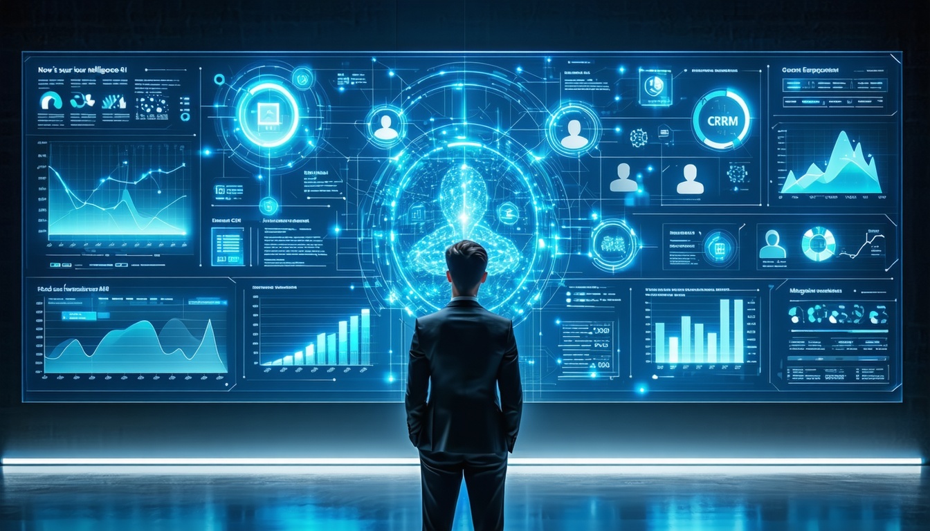 Uomo in una stanza con interfacce digitali