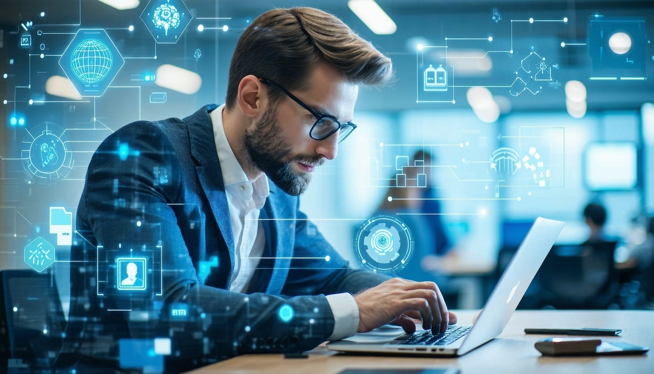 Professionista alla scrivania con laptop in un ambiente moderno e simboli digitali.