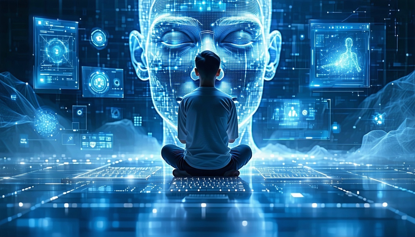 uomo seduto in una stanza con interfacce digitali