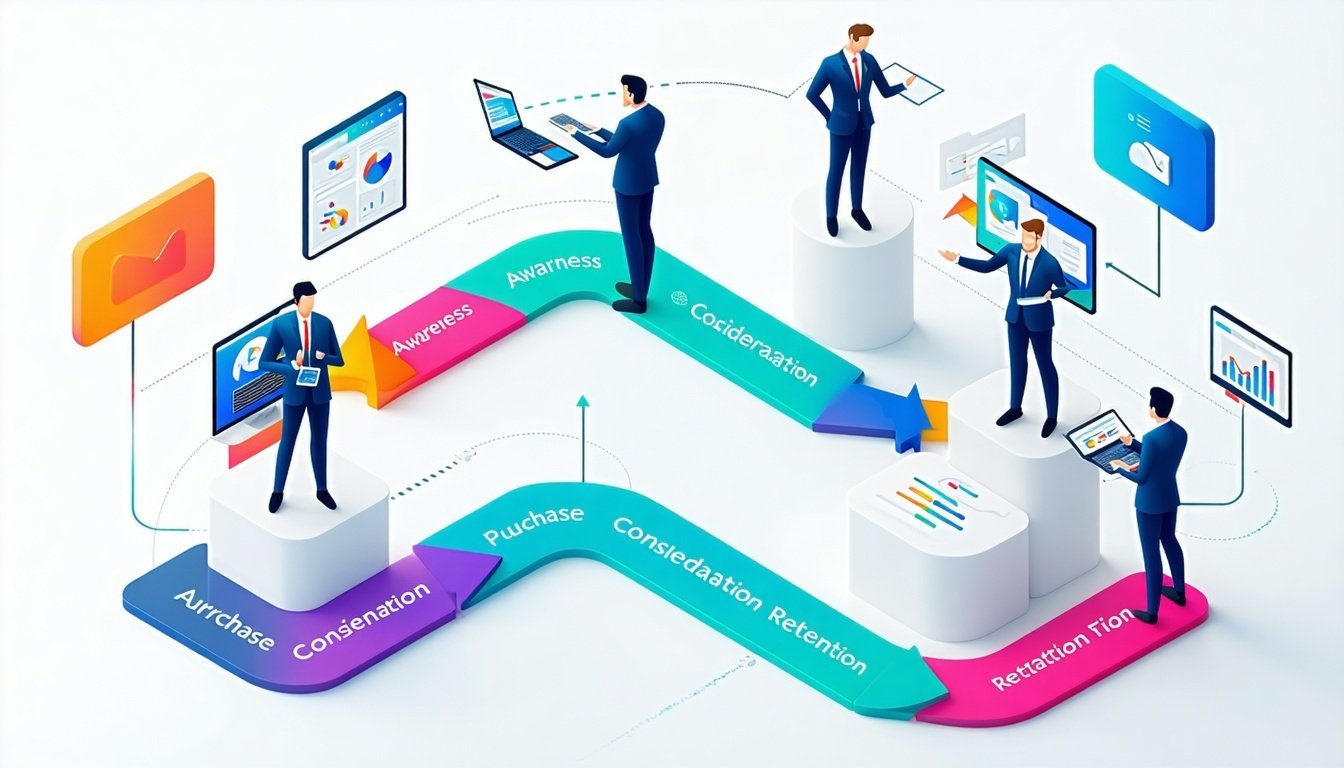Figure professionali su un percorso colorato con frecce e grafici digitali.
