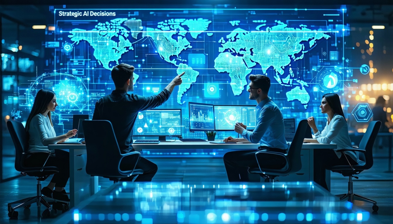 Persone al tavolo davanti a mappa digitale.