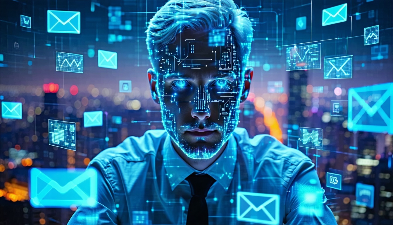 Uomo  con elementi digitali e intelligenza artificiale.