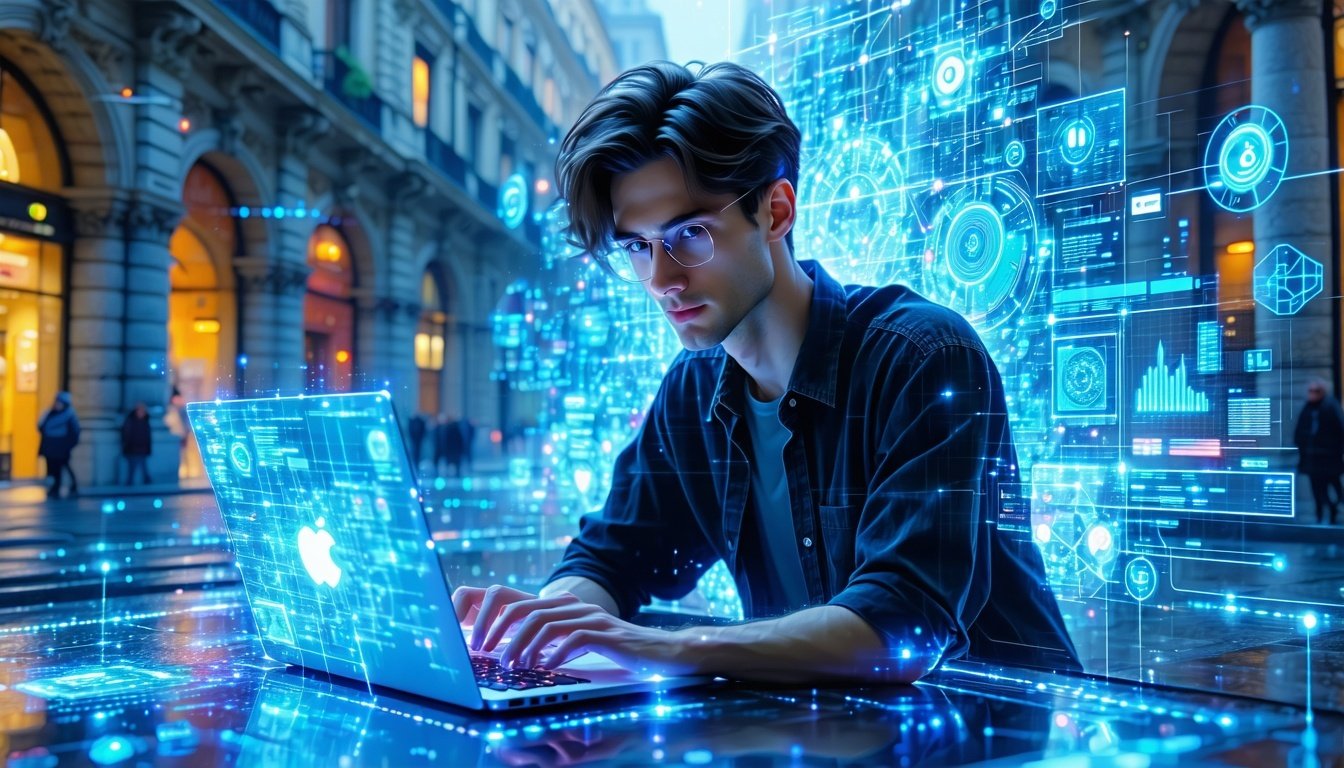 Uomo alla scrivania al pc con interfacce digitali