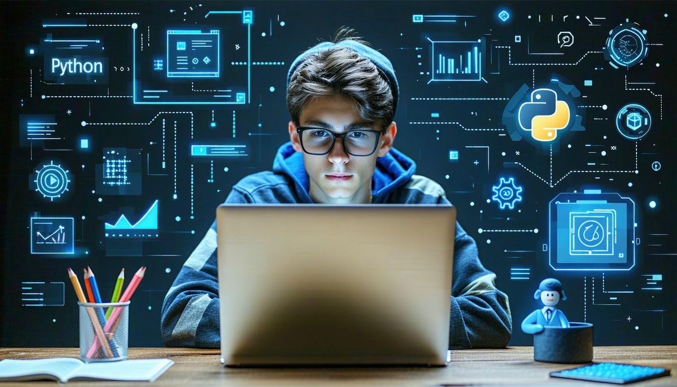 Ragazzo sulla scrivania al pc con intefracce digitali