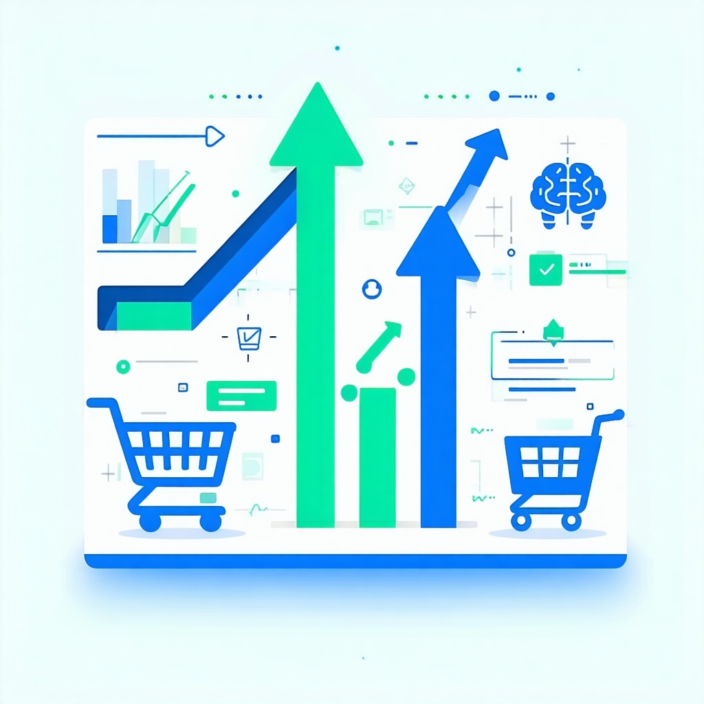 Frecce verdi e blu, grafici, carrelli e-commerce e icona AI su sfondo bianco.