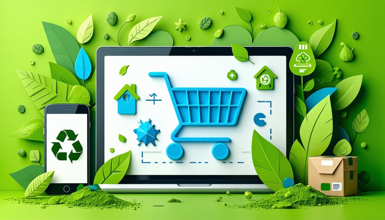 Carrello e-commerce tra foglie e simboli green.