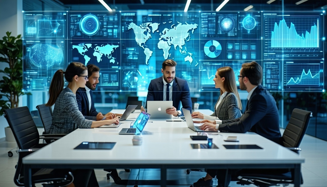 persone alla scrivania con interfacce digitali