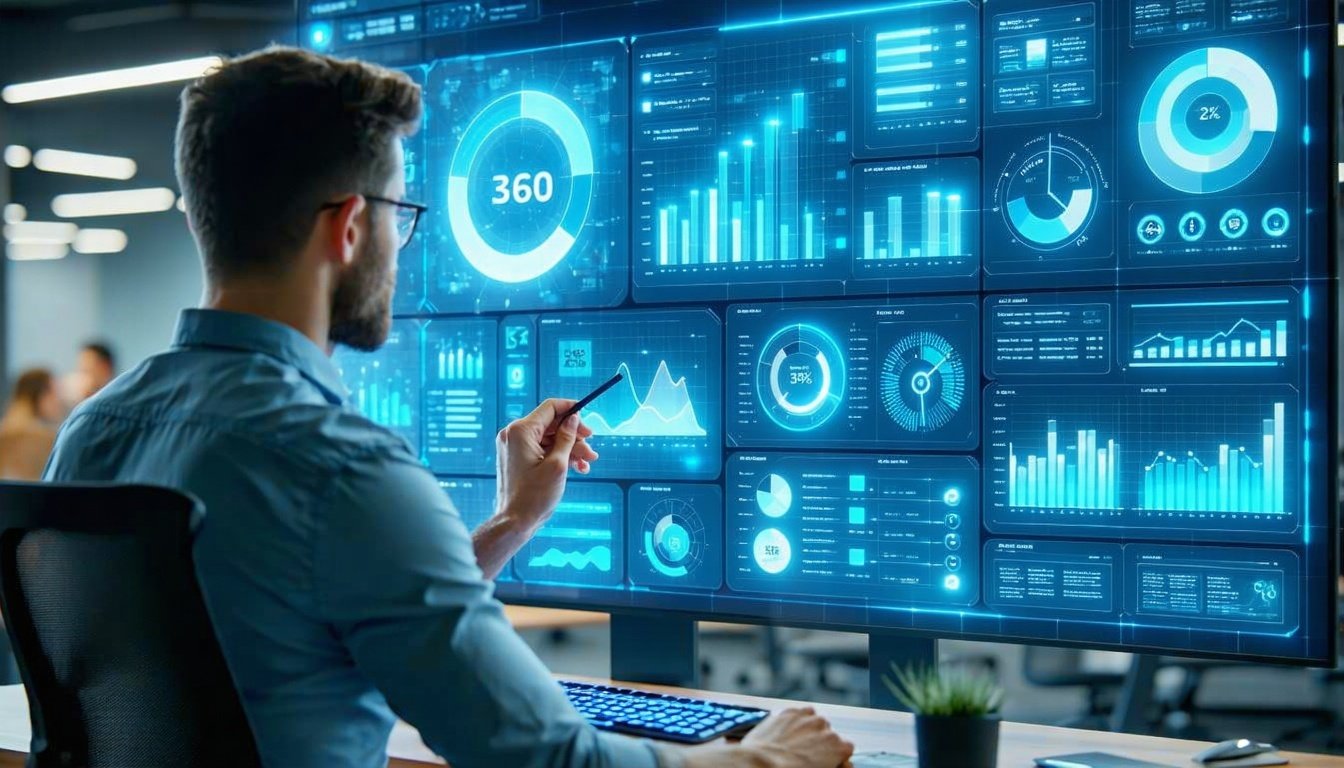 Uomo davanti a schermi con grafici HR digitali.